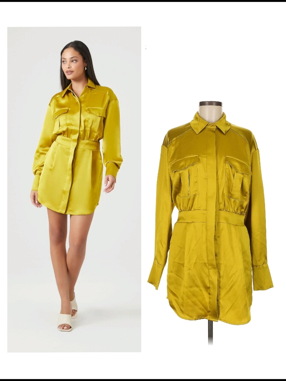 Forever 21 Satin Utility Shirt Dress in Mustard